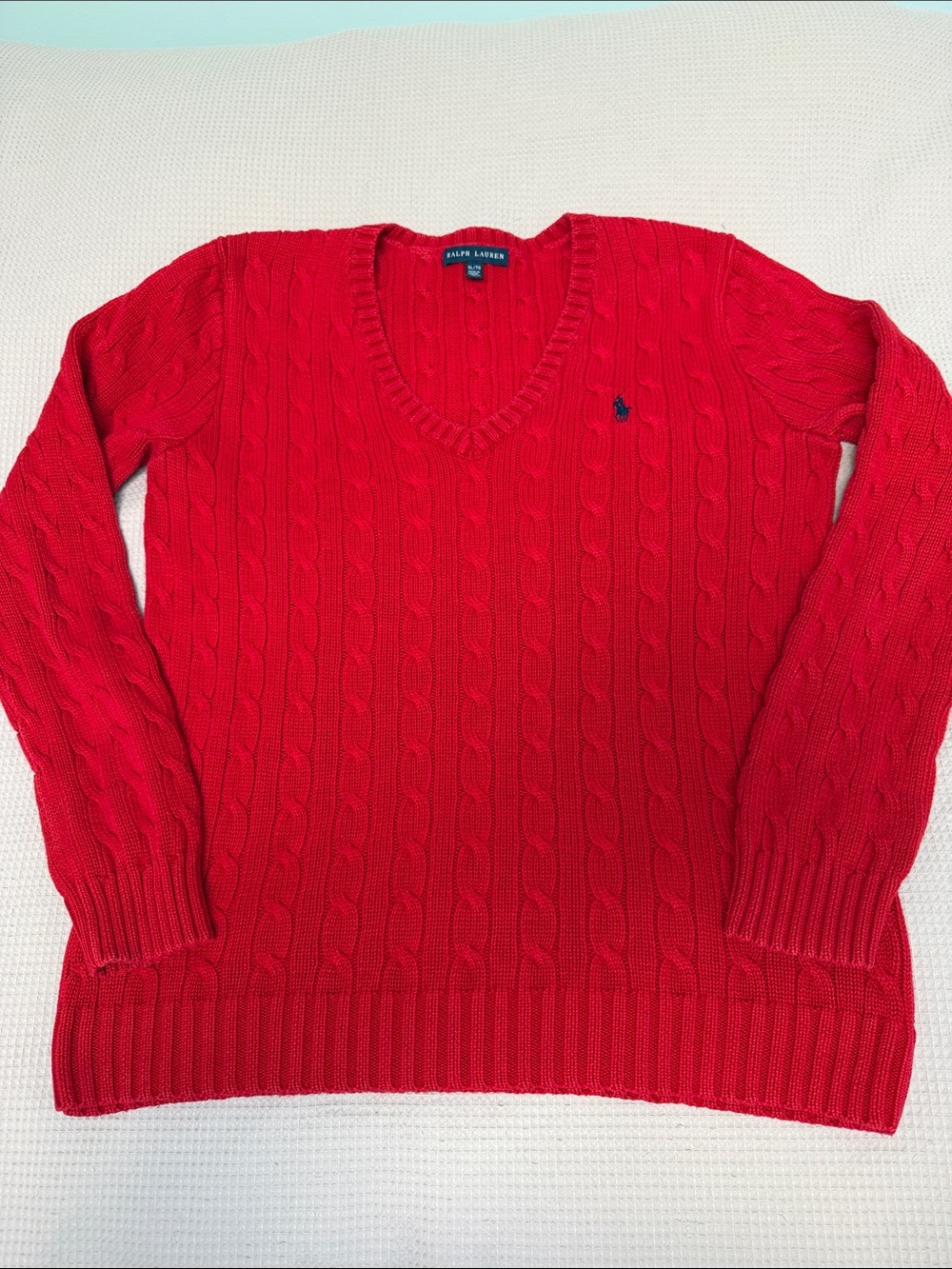 Ralph Lauren sz XL Iconic Red V-neck Cableknit Sweater 100% Cotton